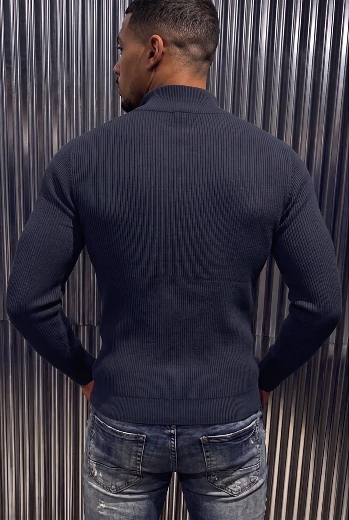 Seka 186 Erkek Slim Fit Fermuarlı Dik Yaka Fitilli Likralı Triko Kazak