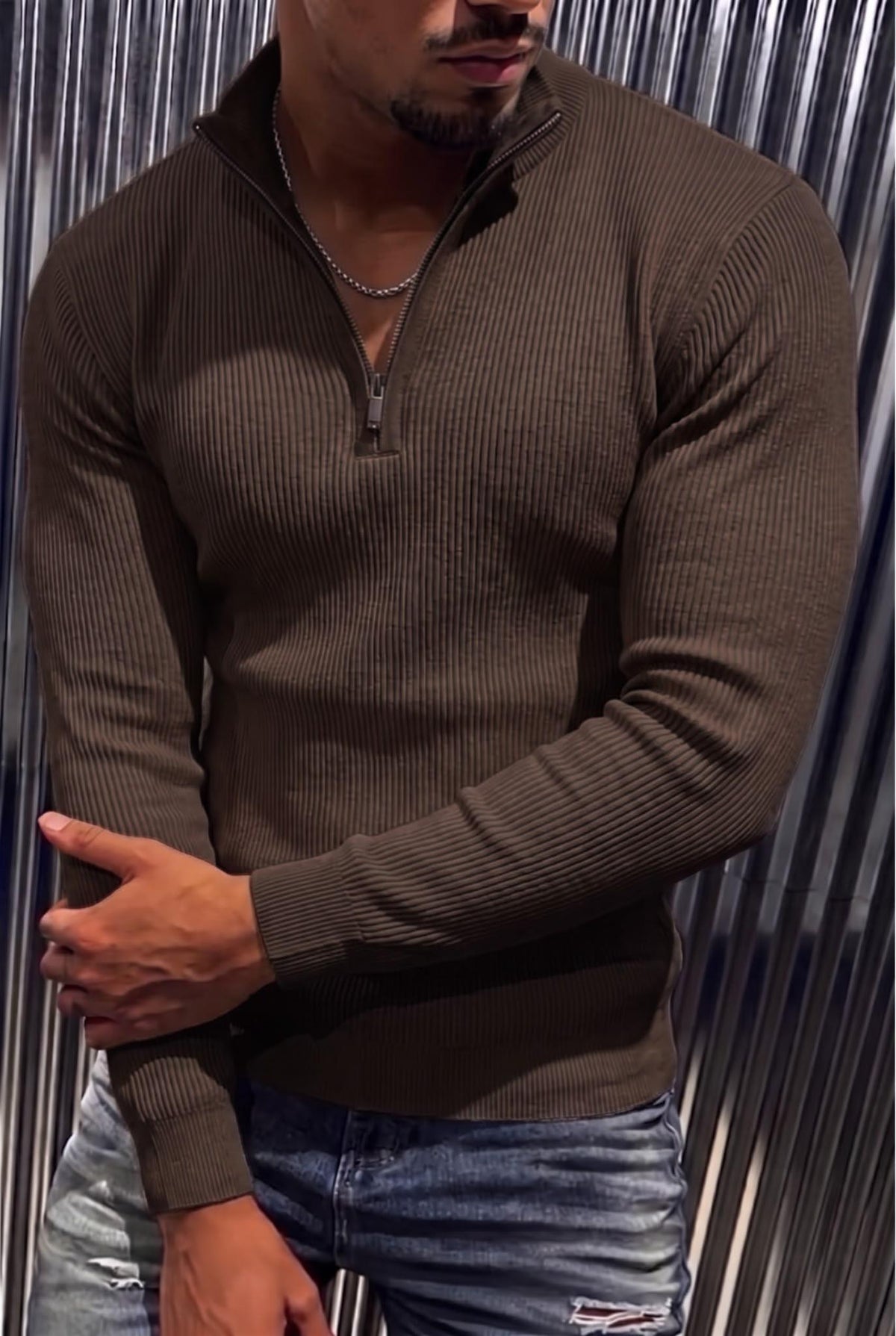 Seka 186 Erkek Slim Fit Fermuarlı Dik Yaka Fitilli Likralı Triko Kazak