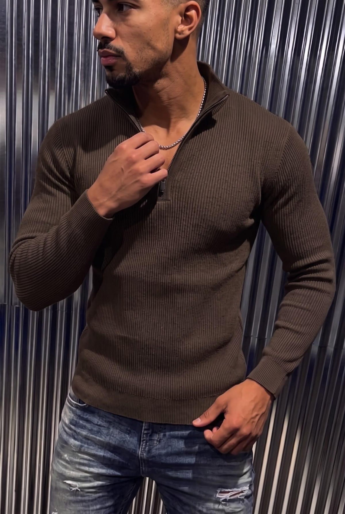 Seka 186 Erkek Slim Fit Fermuarlı Dik Yaka Fitilli Likralı Triko Kazak