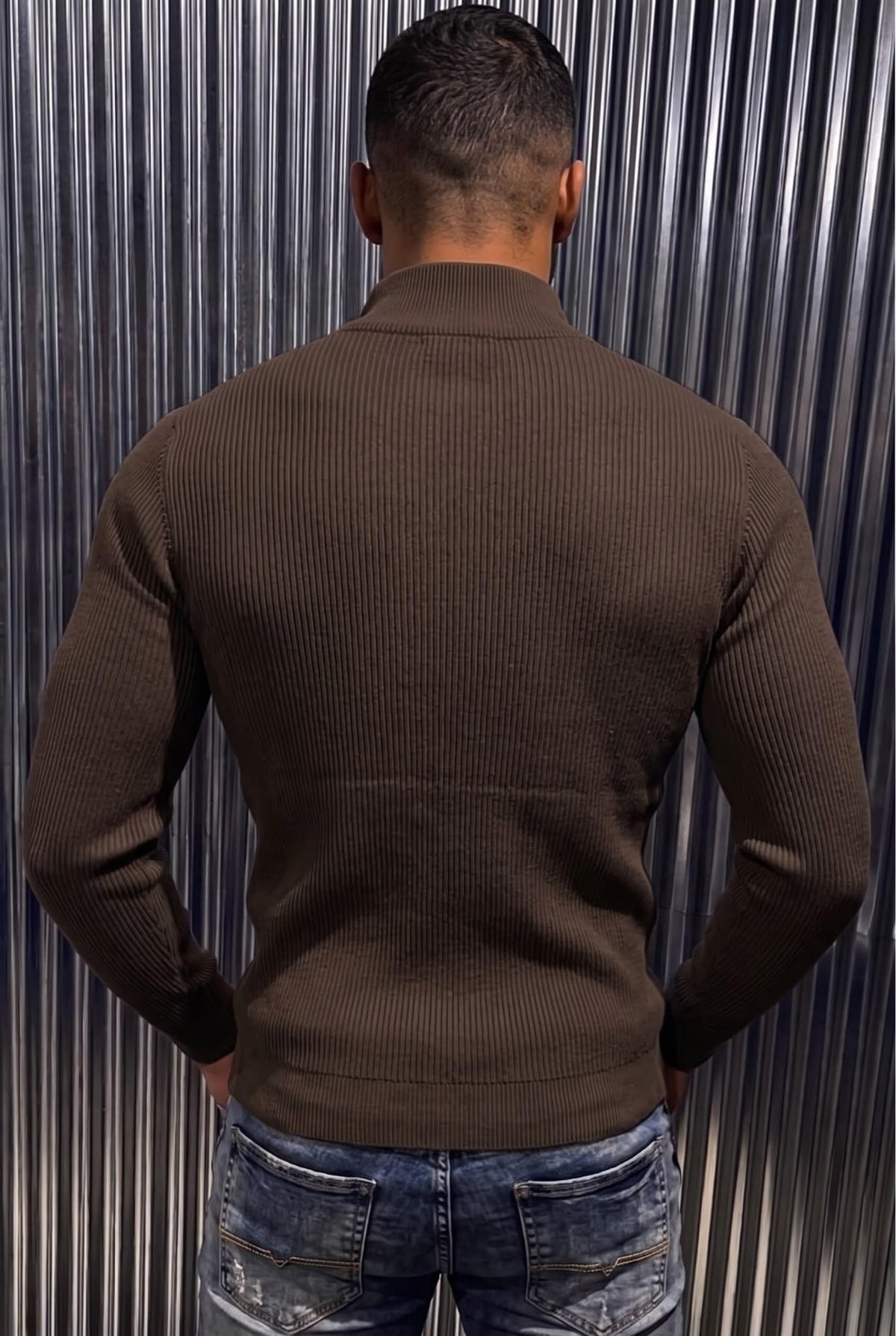 Seka 186 Erkek Slim Fit Fermuarlı Dik Yaka Fitilli Likralı Triko Kazak