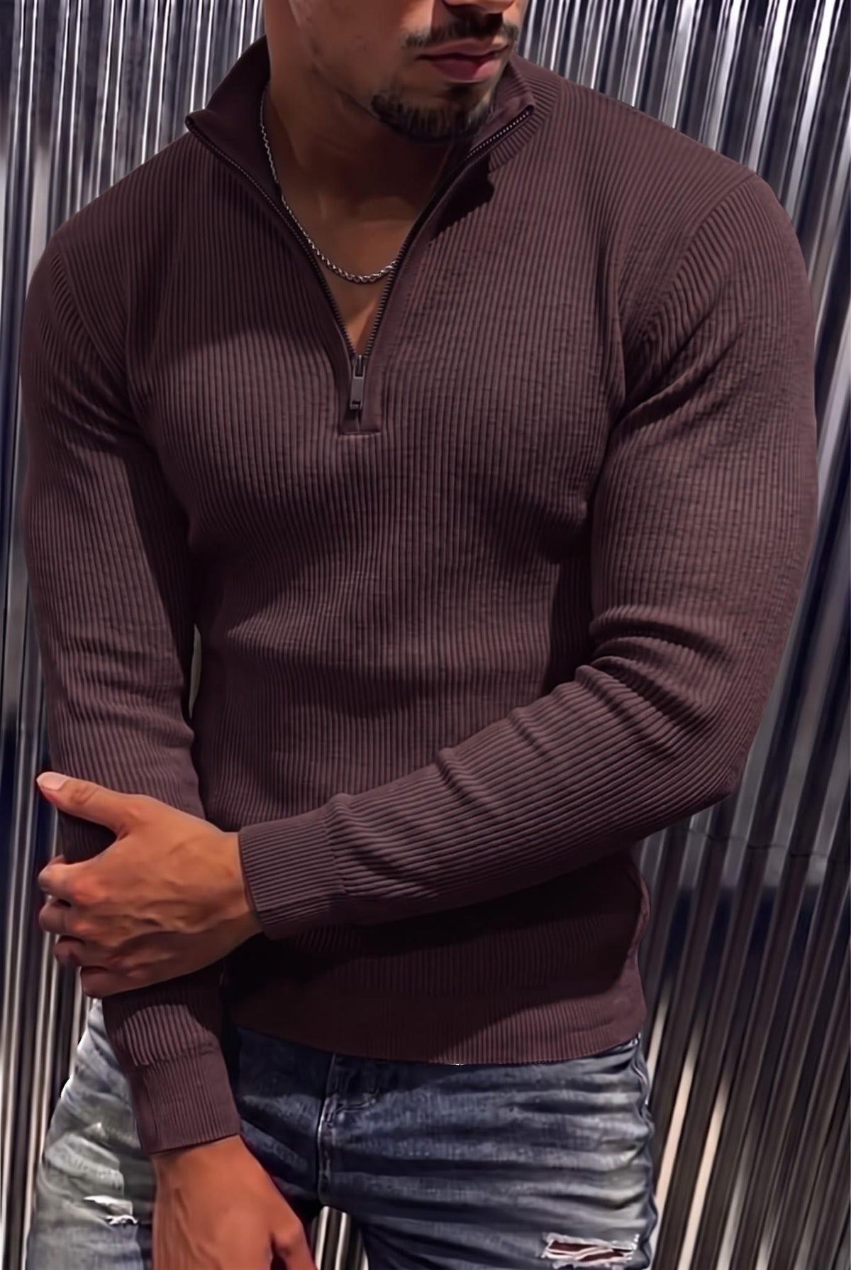 Seka 186 Erkek Slim Fit Fermuarlı Dik Yaka Fitilli Likralı Triko Kazak