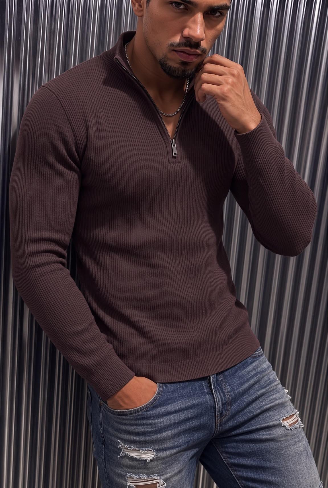 Seka 186 Erkek Slim Fit Fermuarlı Dik Yaka Fitilli Likralı Triko Kazak