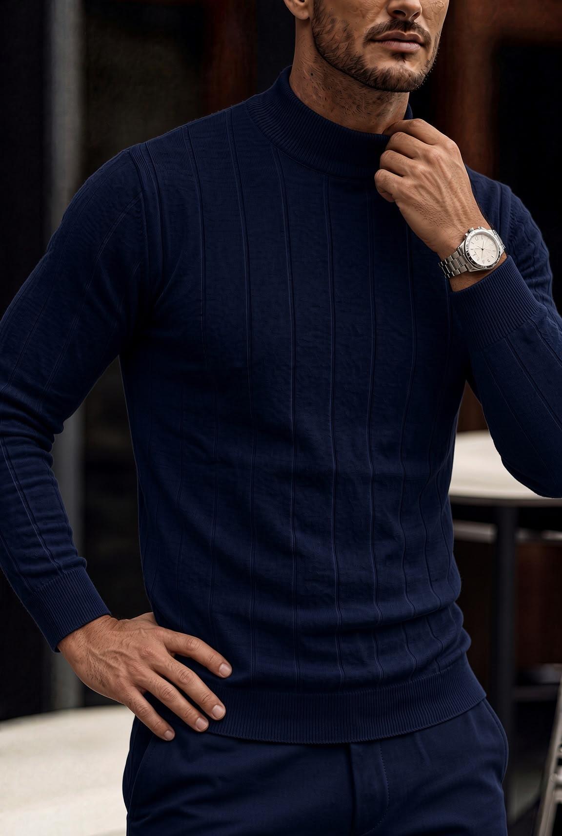 Seka 779 Çizgili Pamuk Slim Fit Erkek Yarım Balıkçı Kazak