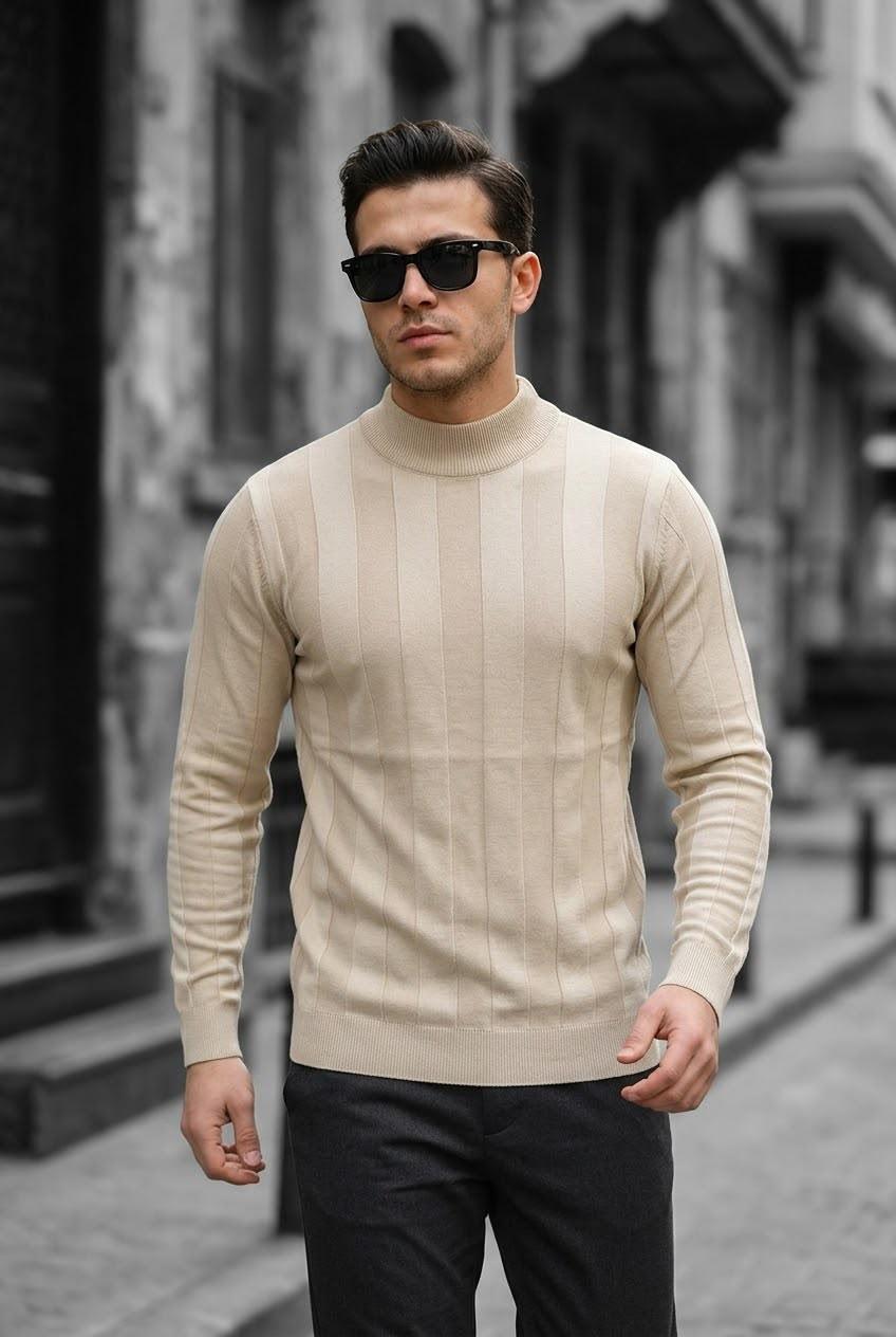 Seka 917 Çizgili Pamuk Slim Fit Erkek Yarım Balıkçı Kazak