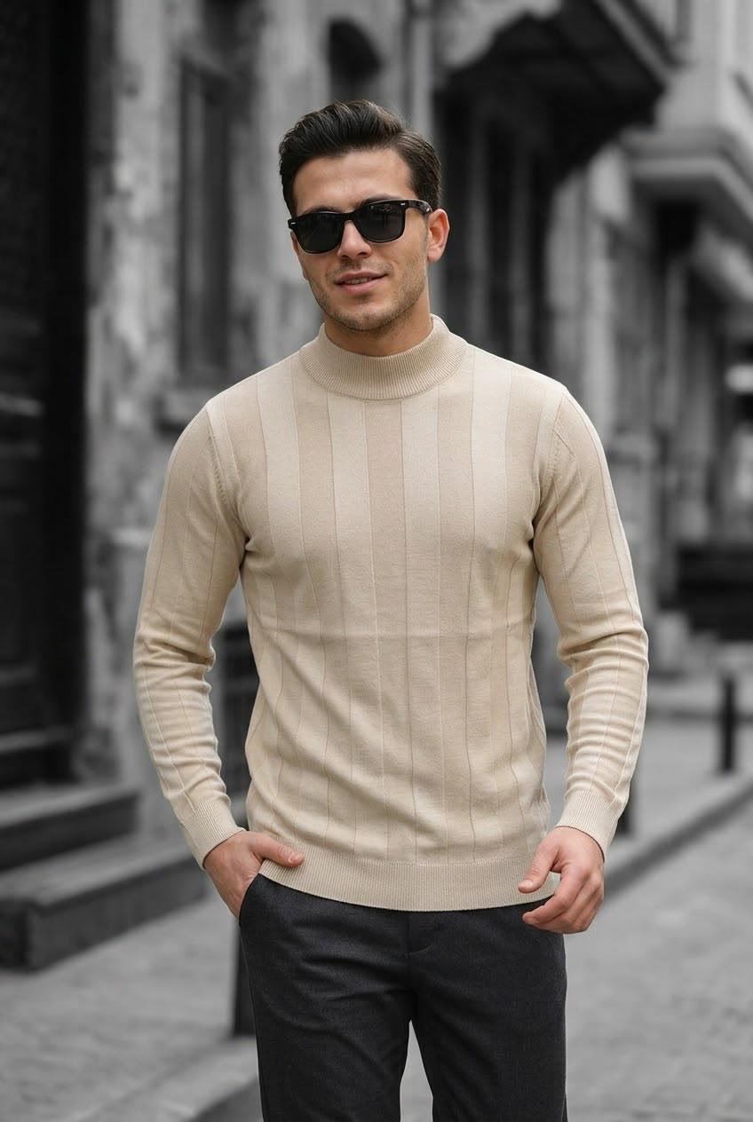 Seka 917 Çizgili Pamuk Slim Fit Erkek Yarım Balıkçı Kazak
