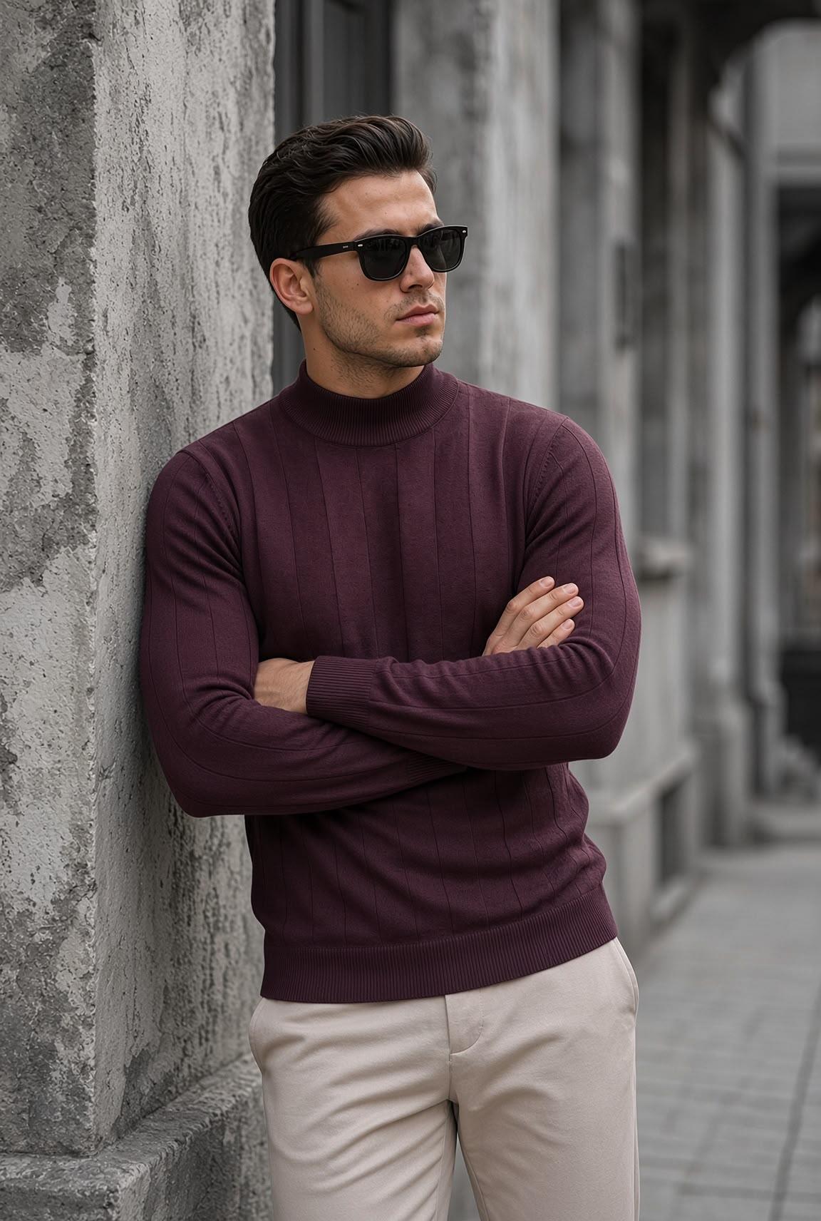 Seka 917 Çizgili Pamuk Slim Fit Erkek Yarım Balıkçı Kazak