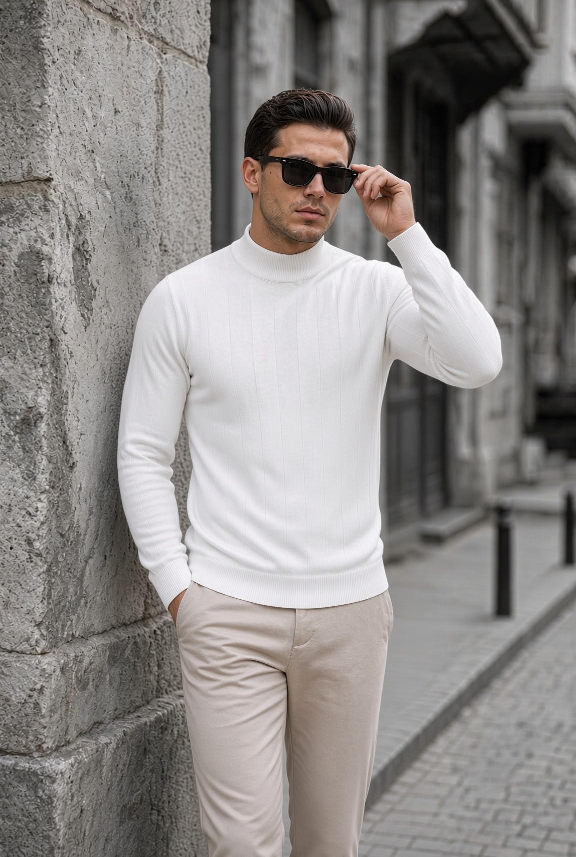 Seka 917 Çizgili Pamuk Slim Fit Erkek Yarım Balıkçı Kazak