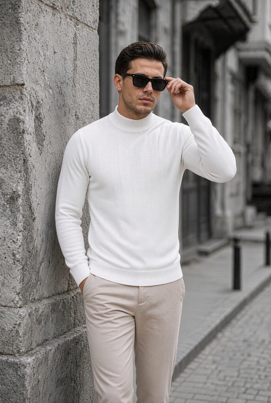 Seka 917 Çizgili Pamuk Slim Fit Erkek Yarım Balıkçı Kazak