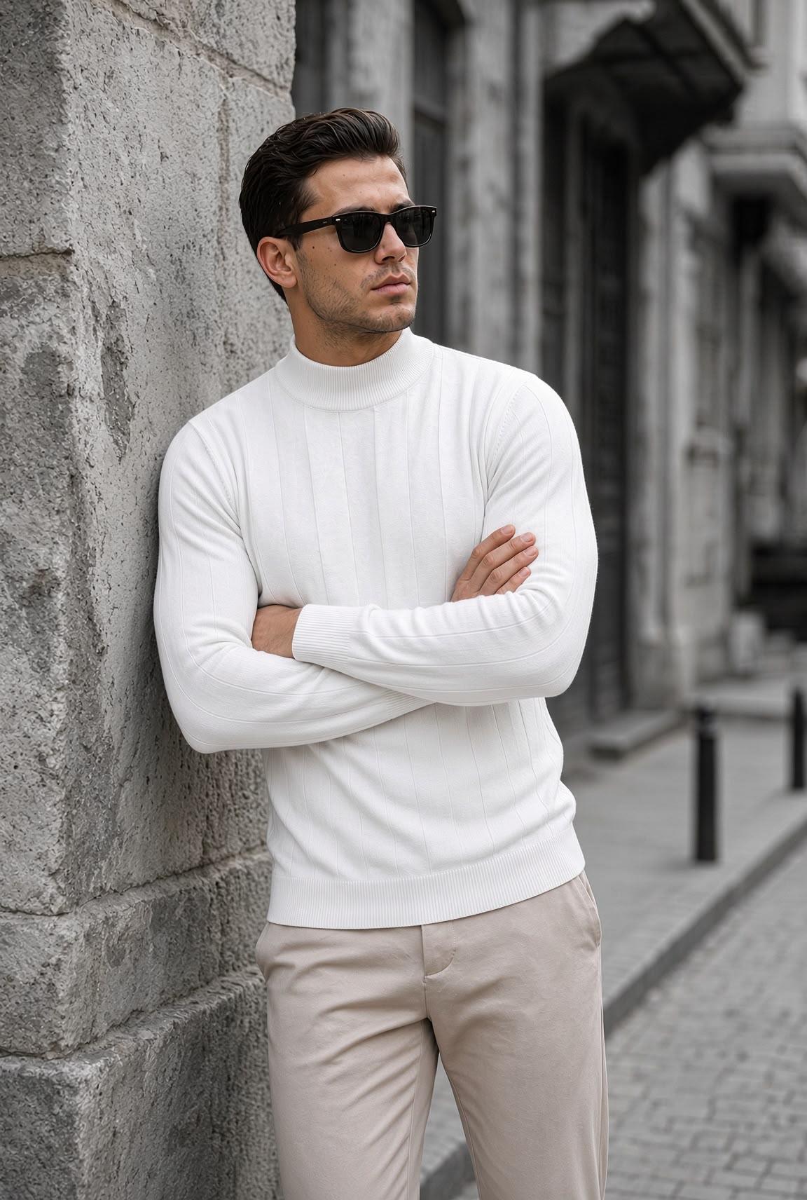 Seka 917 Çizgili Pamuk Slim Fit Erkek Yarım Balıkçı Kazak