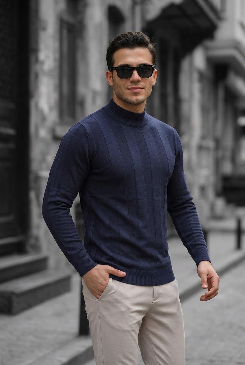 Seka 917 Çizgili Pamuk Slim Fit Erkek Yarım Balıkçı Kazak