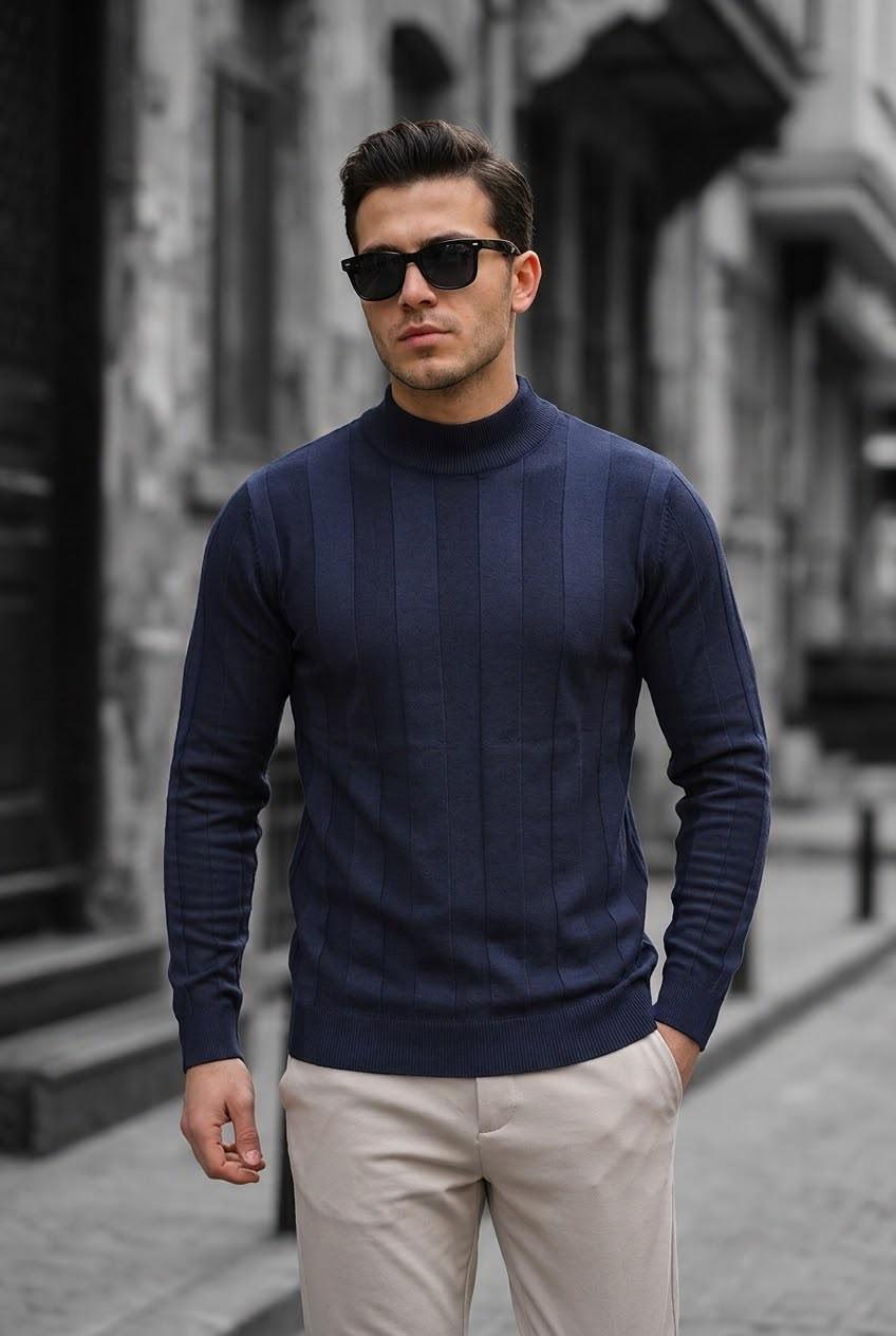 Seka 917 Çizgili Pamuk Slim Fit Erkek Yarım Balıkçı Kazak