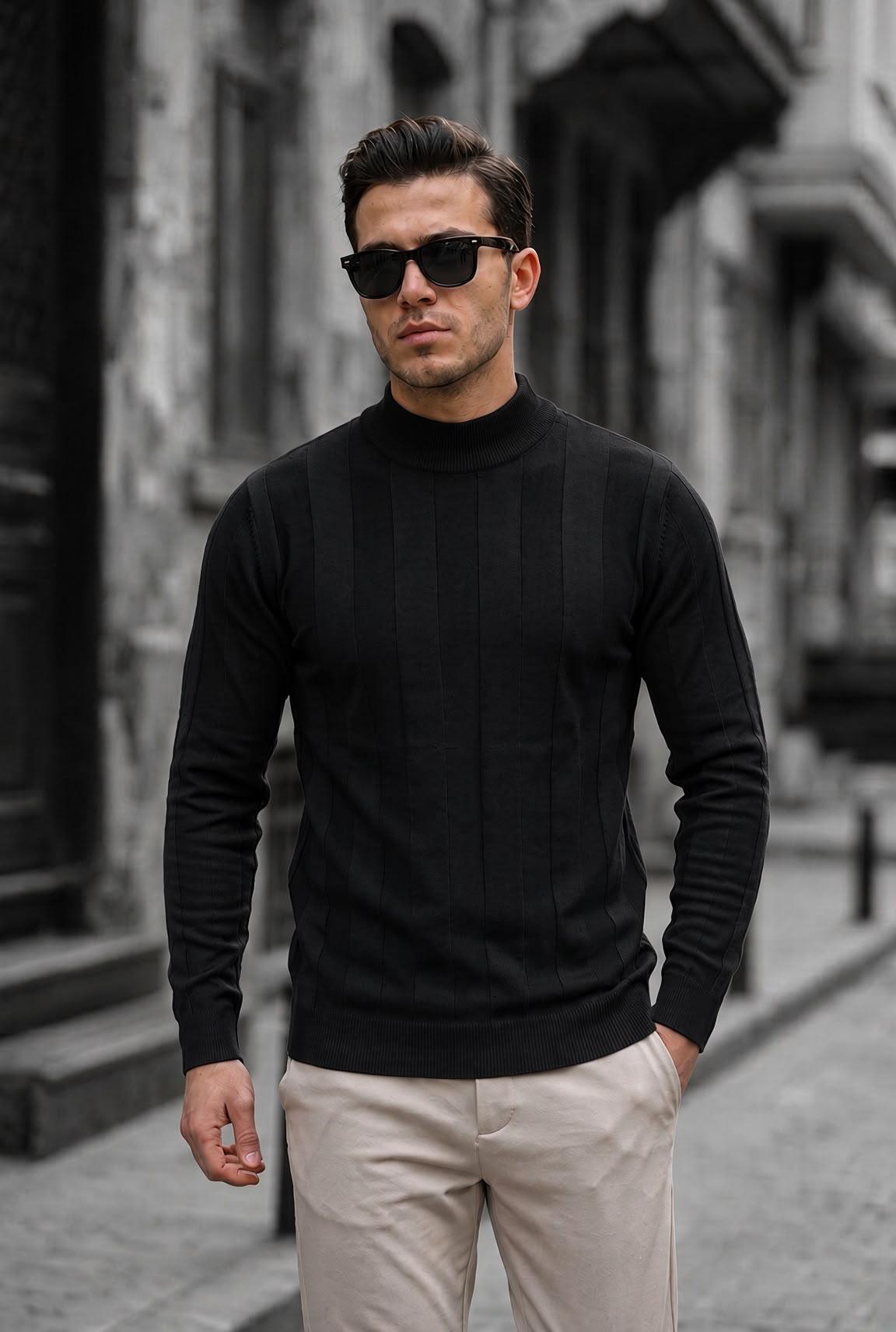 Seka 917 Çizgili Pamuk Slim Fit Erkek Yarım Balıkçı Kazak