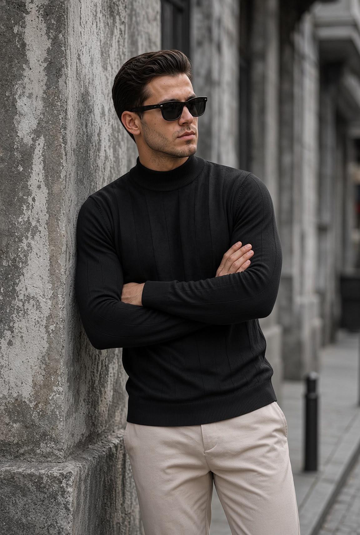Seka 917 Çizgili Pamuk Slim Fit Erkek Yarım Balıkçı Kazak
