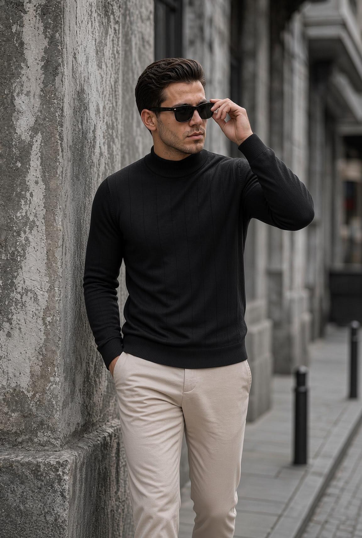 Seka 917 Çizgili Pamuk Slim Fit Erkek Yarım Balıkçı Kazak