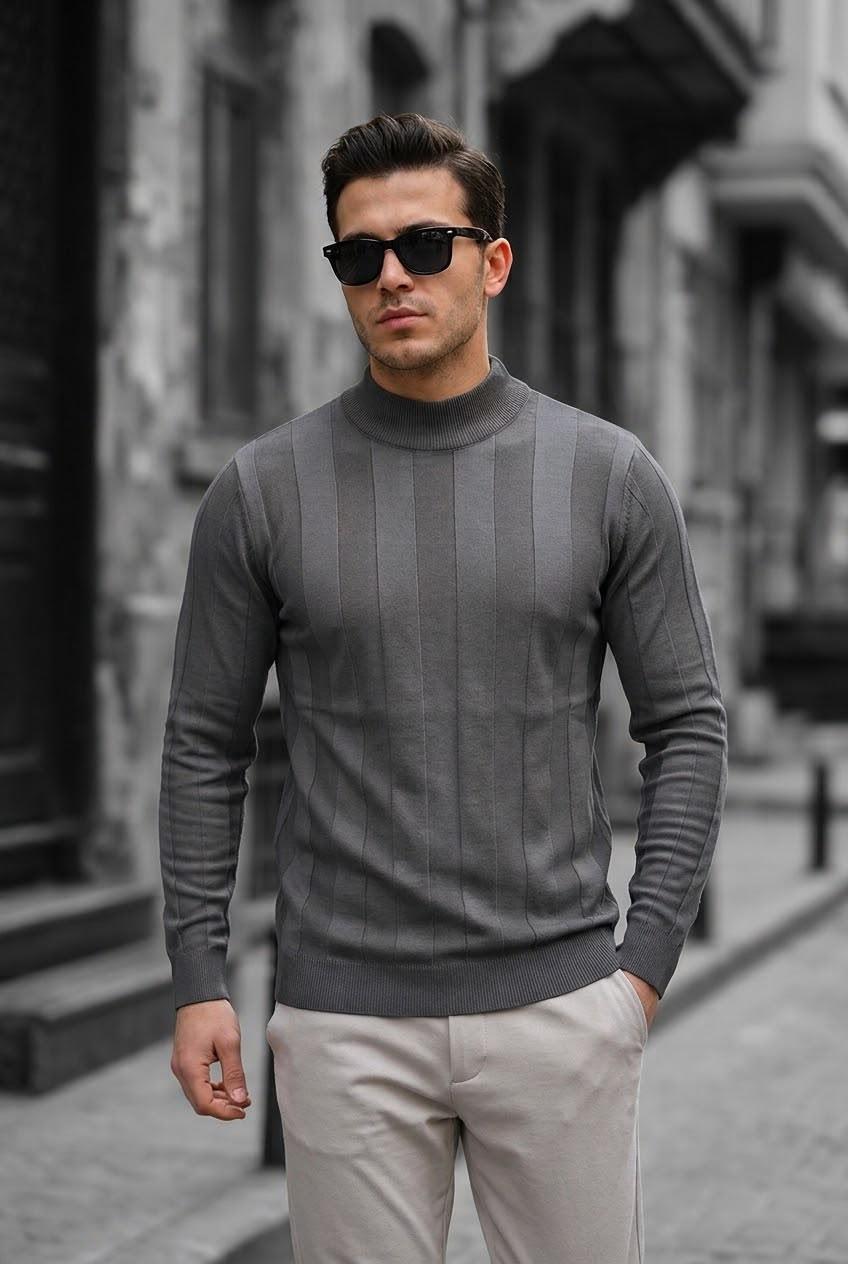 Seka 917 Çizgili Pamuk Slim Fit Erkek Yarım Balıkçı Kazak