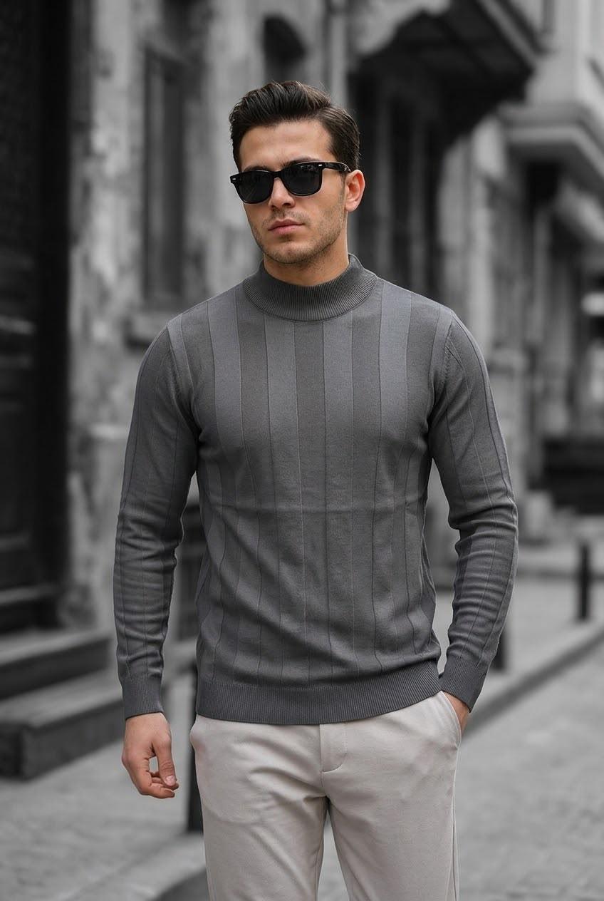 Seka 917 Çizgili Pamuk Slim Fit Erkek Yarım Balıkçı Kazak