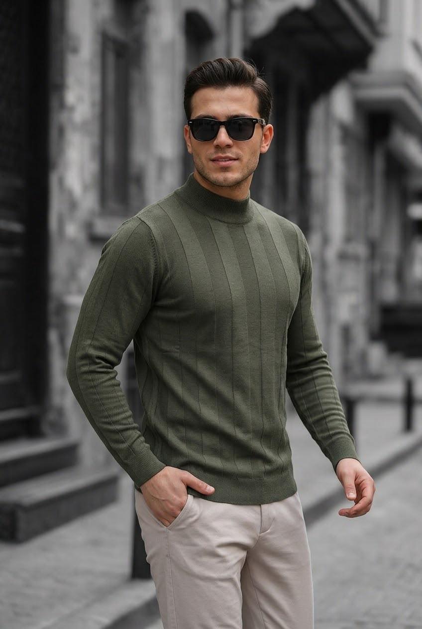 Seka 917 Çizgili Pamuk Slim Fit Erkek Yarım Balıkçı Kazak