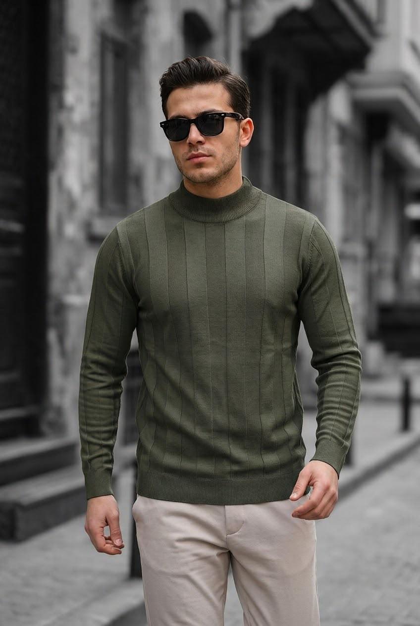 Seka 917 Çizgili Pamuk Slim Fit Erkek Yarım Balıkçı Kazak