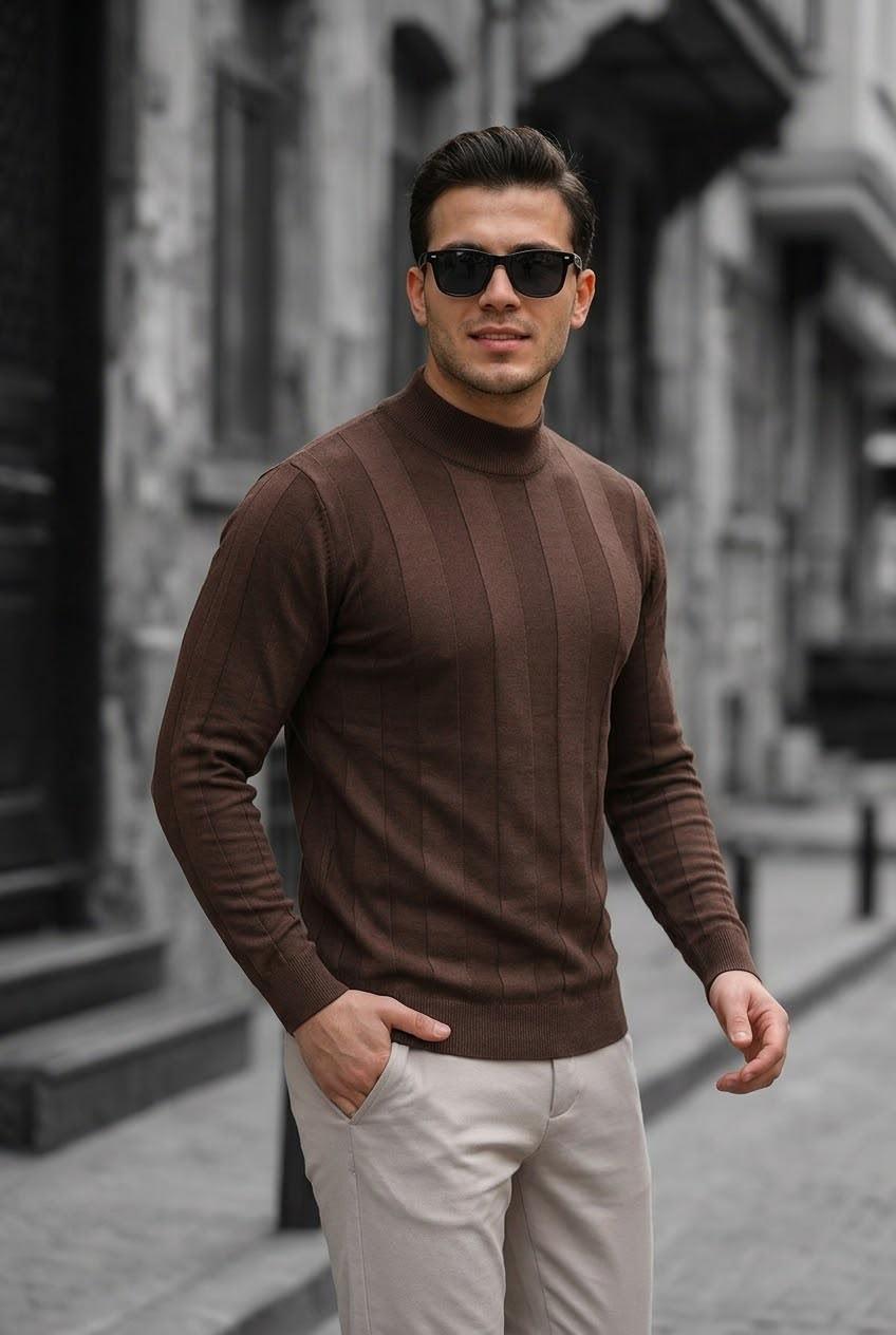 Seka 917 Çizgili Pamuk Slim Fit Erkek Yarım Balıkçı Kazak