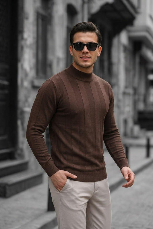 Seka 917 Çizgili Pamuk Slim Fit Erkek Yarım Balıkçı Kazak