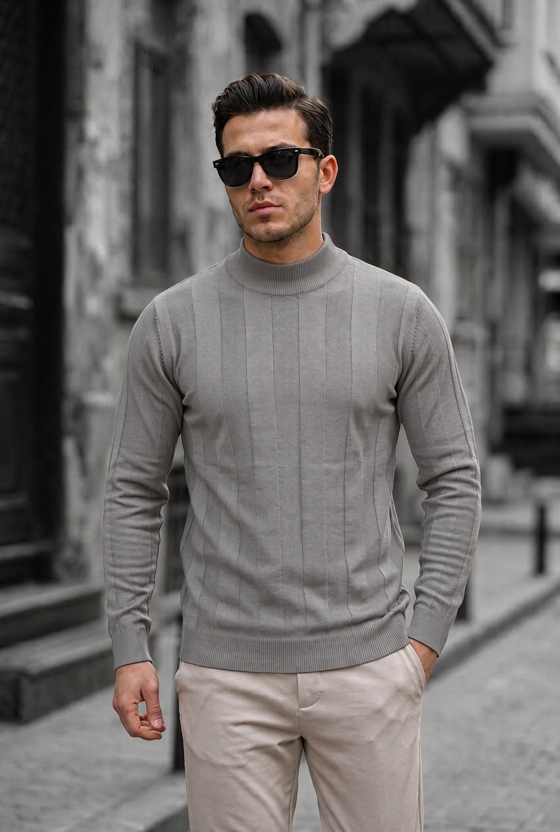 Seka 917 Çizgili Pamuk Slim Fit Erkek Yarım Balıkçı Kazak