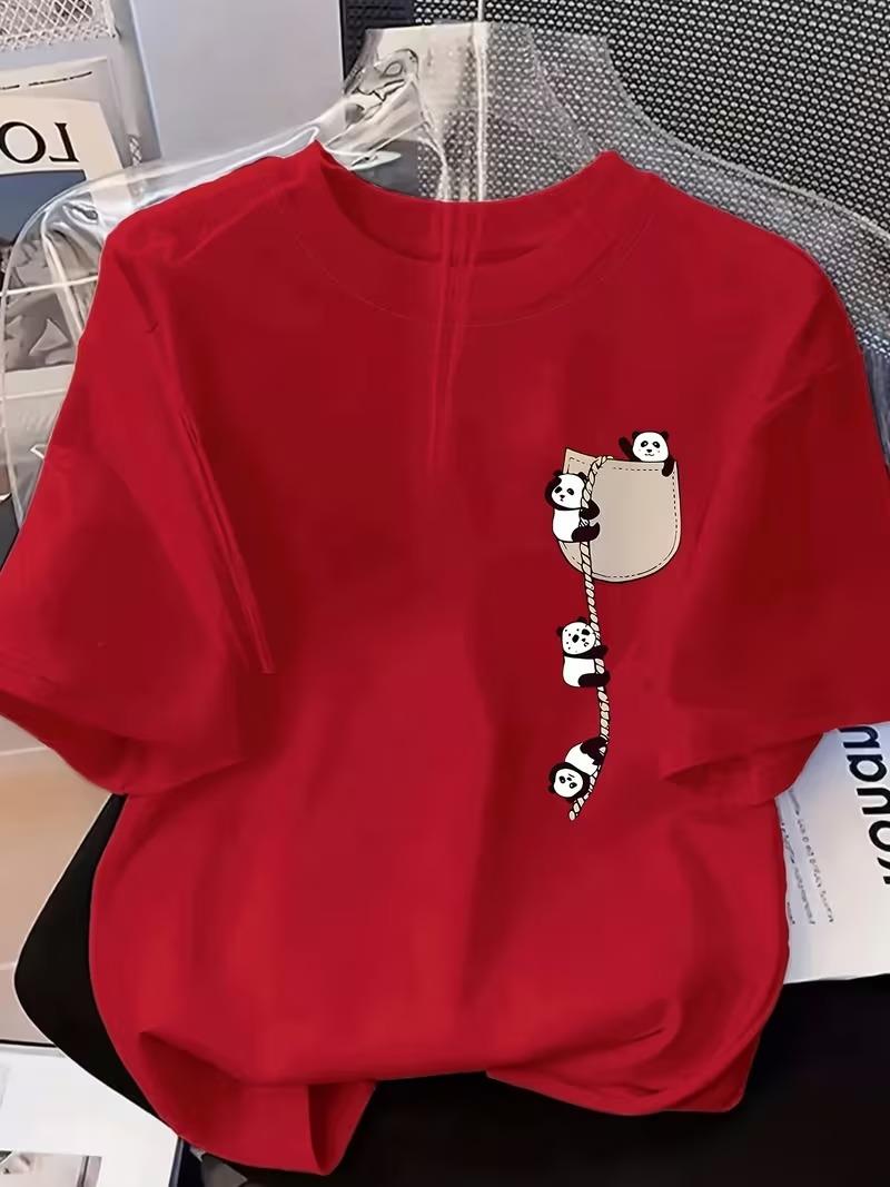 Sevimli Panda Grafikli İpli Cep Detaylı Kısa Kollu Oversize Unisex Bisiklet Yaka Tişört