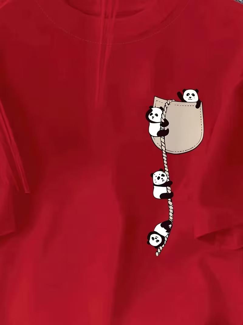 Sevimli Panda Grafikli İpli Cep Detaylı Kısa Kollu Oversize Unisex Bisiklet Yaka Tişört