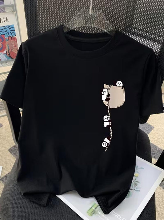 Sevimli Panda Grafikli İpli Cep Detaylı Kısa Kollu Oversize Unisex Bisiklet Yaka Tişört