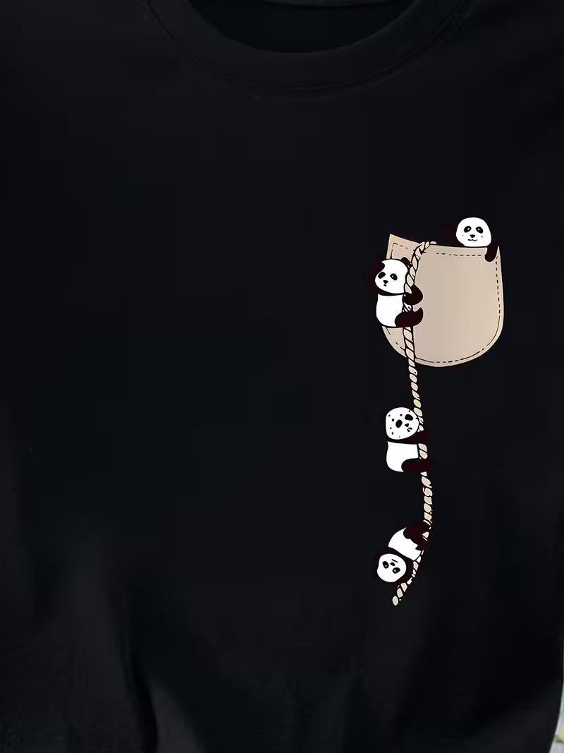 Sevimli Panda Grafikli İpli Cep Detaylı Kısa Kollu Oversize Unisex Bisiklet Yaka Tişört