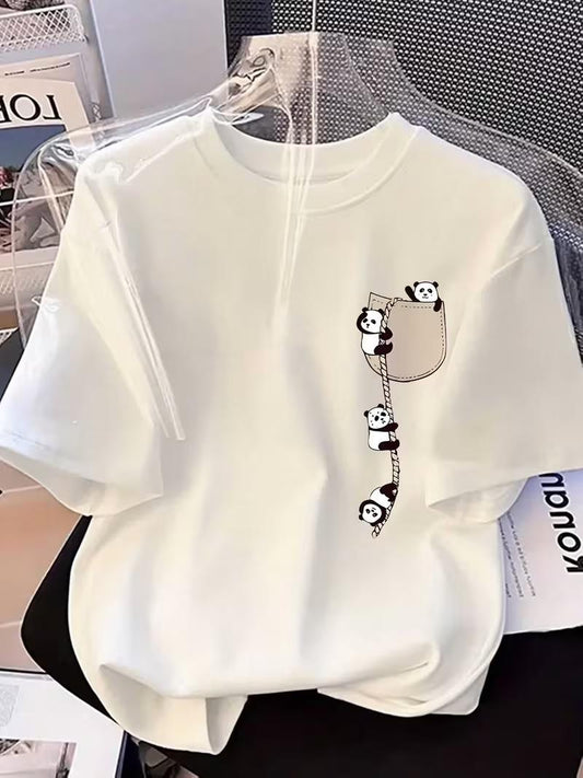 Sevimli Panda Grafikli İpli Cep Detaylı Kısa Kollu Oversize Unisex Bisiklet Yaka Tişört