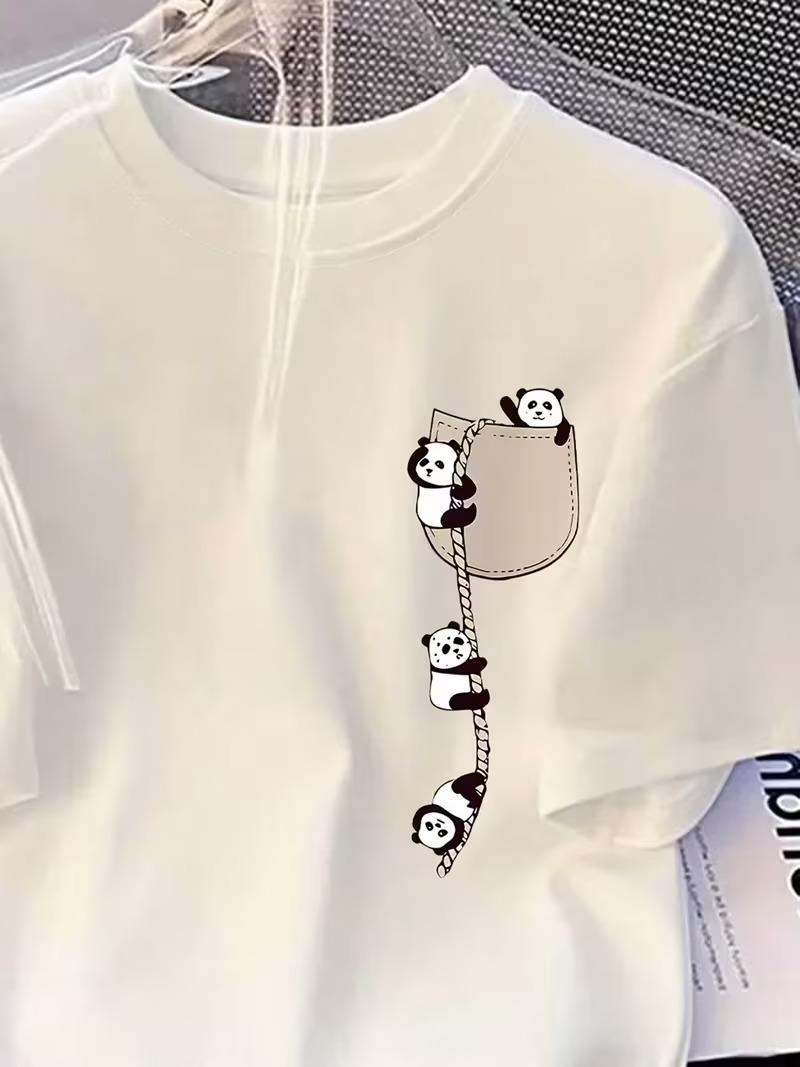 Sevimli Panda Grafikli İpli Cep Detaylı Kısa Kollu Oversize Unisex Bisiklet Yaka Tişört