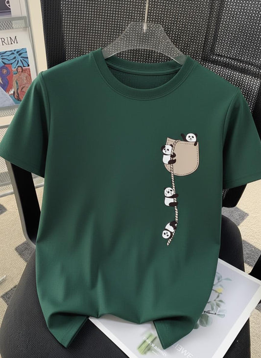 Sevimli Panda Grafikli İpli Cep Detaylı Kısa Kollu Oversize Unisex Bisiklet Yaka Tişört