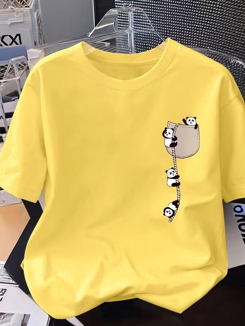 Sevimli Panda Grafikli İpli Cep Detaylı Kısa Kollu Oversize Unisex Bisiklet Yaka Tişört