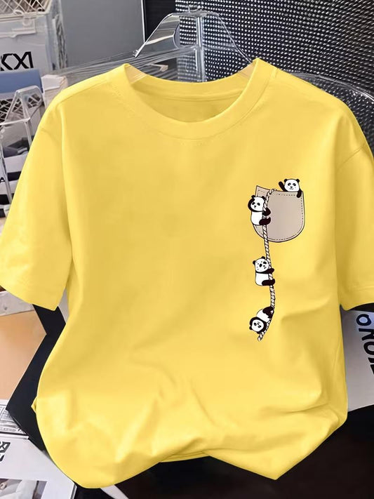 Sevimli Panda Grafikli İpli Cep Detaylı Kısa Kollu Oversize Unisex Bisiklet Yaka Tişört