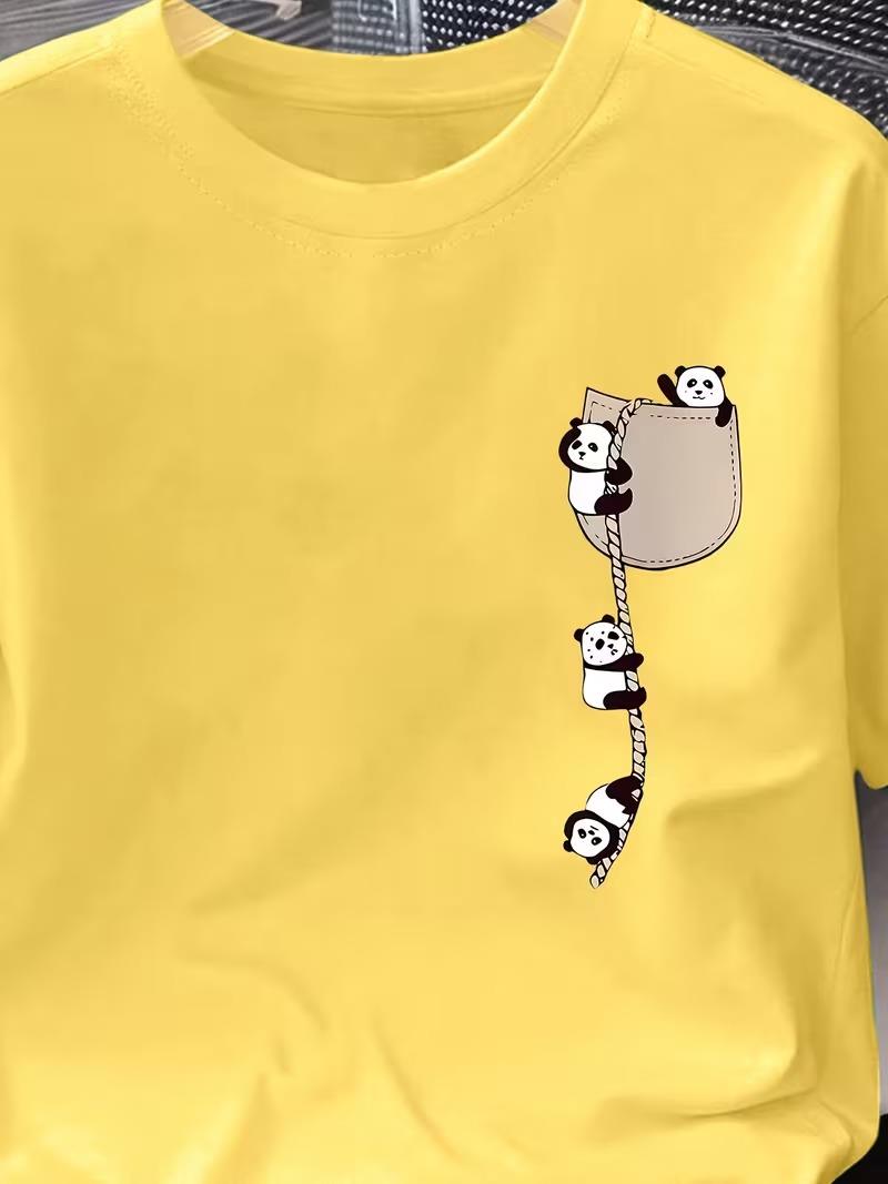 Sevimli Panda Grafikli İpli Cep Detaylı Kısa Kollu Oversize Unisex Bisiklet Yaka Tişört
