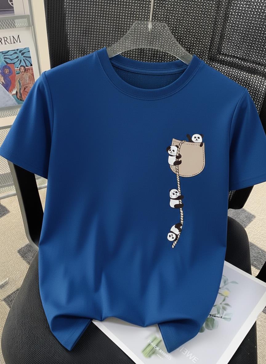 Sevimli Panda Grafikli İpli Cep Detaylı Kısa Kollu Oversize Unisex Bisiklet Yaka Tişört