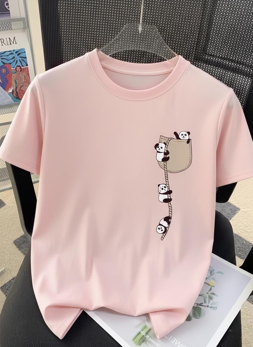 Sevimli Panda Grafikli İpli Cep Detaylı Kısa Kollu Oversize Unisex Bisiklet Yaka Tişört