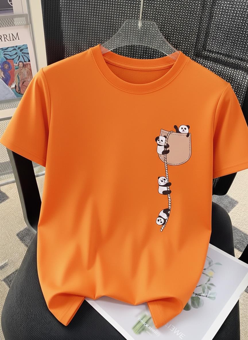 Sevimli Panda Grafikli İpli Cep Detaylı Kısa Kollu Oversize Unisex Bisiklet Yaka Tişört