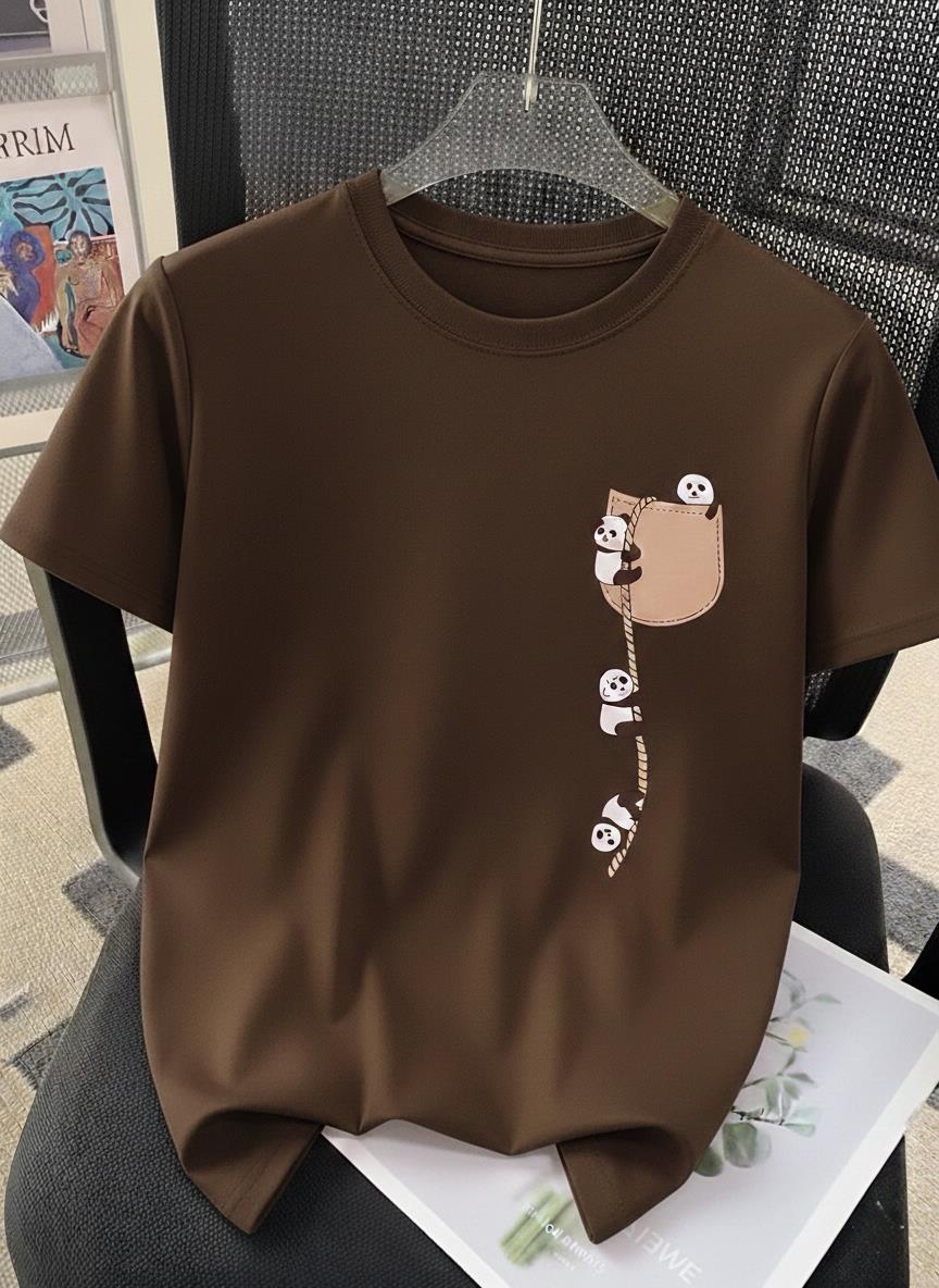 Sevimli Panda Grafikli İpli Cep Detaylı Kısa Kollu Oversize Unisex Bisiklet Yaka Tişört