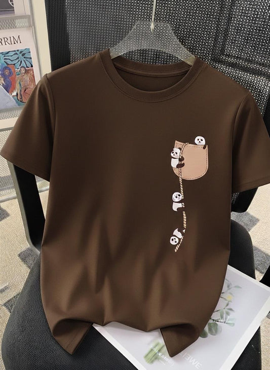 Sevimli Panda Grafikli İpli Cep Detaylı Kısa Kollu Oversize Unisex Bisiklet Yaka Tişört