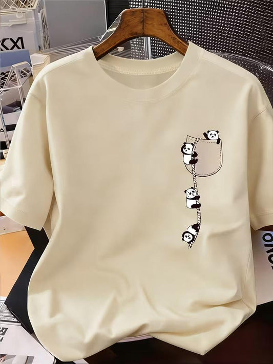 Sevimli Panda Grafikli İpli Cep Detaylı Kısa Kollu Oversize Unisex Bisiklet Yaka Tişört