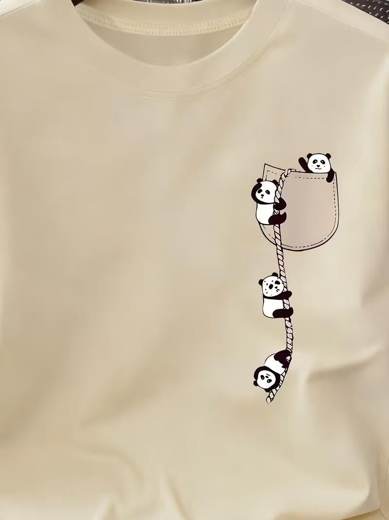 Sevimli Panda Grafikli İpli Cep Detaylı Kısa Kollu Oversize Unisex Bisiklet Yaka Tişört
