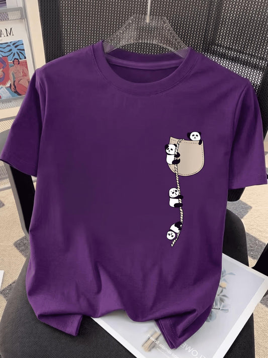 Sevimli Panda Grafikli İpli Cep Detaylı Kısa Kollu Oversize Unisex Bisiklet Yaka Tişört