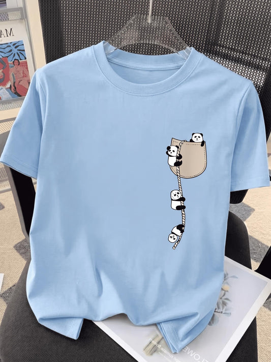 Sevimli Panda Grafikli İpli Cep Detaylı Kısa Kollu Oversize Unisex Bisiklet Yaka Tişört