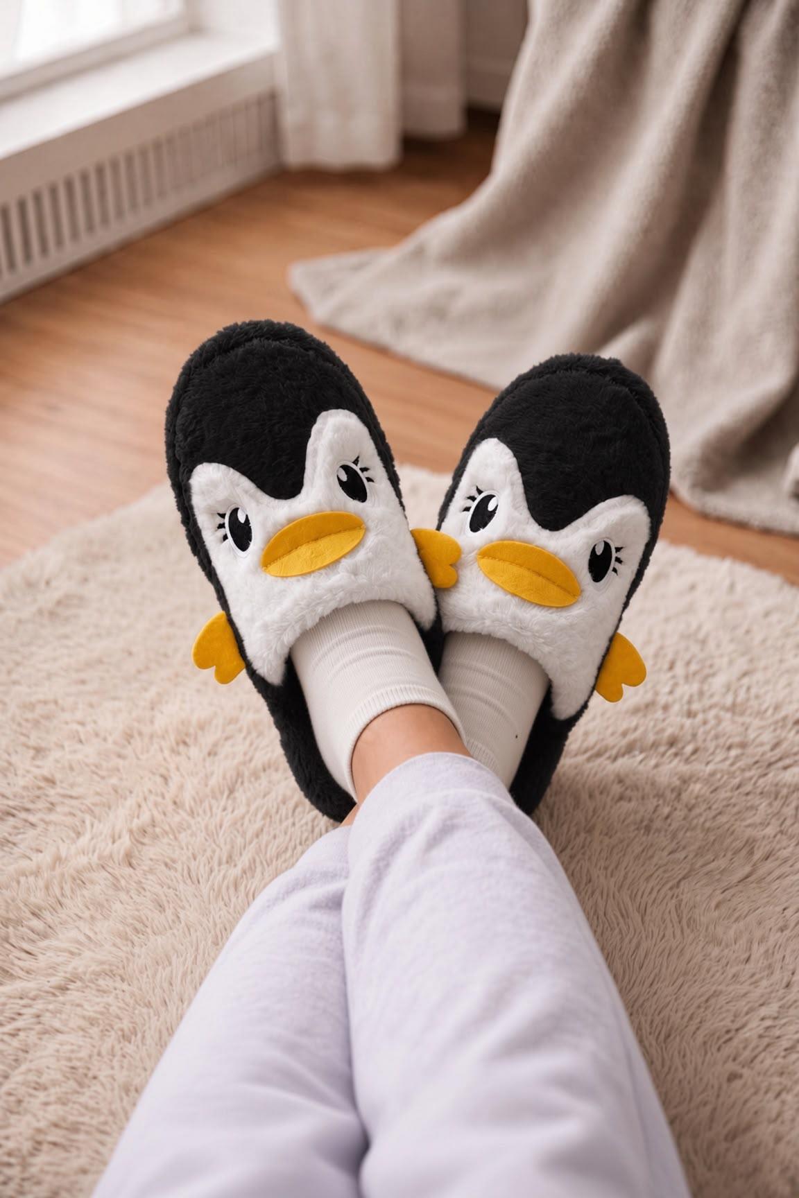 Şirin Penguen Figürlü Kışlık Kadın Panduf – Yumuşacık & Sıcak Tutan Hediye Peluş Ev Terliği