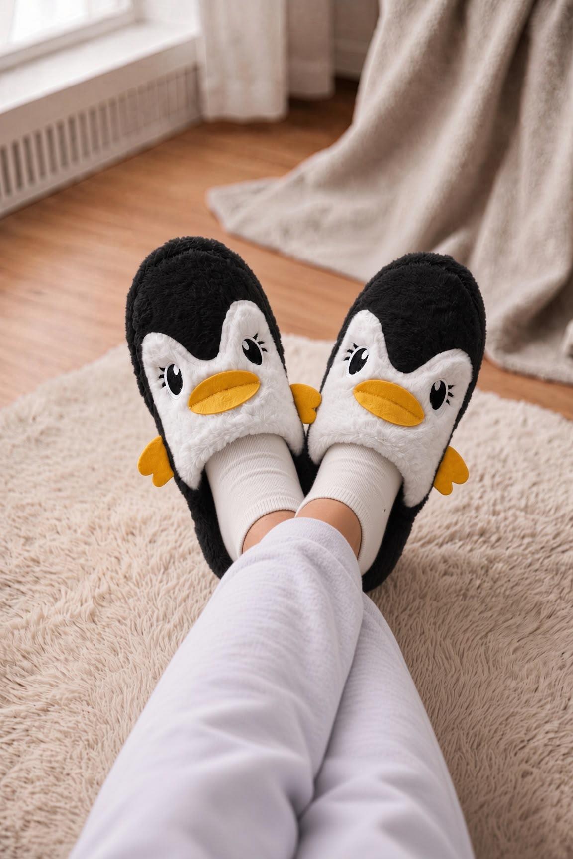 Şirin Penguen Figürlü Kışlık Kadın Panduf – Yumuşacık & Sıcak Tutan Hediye Peluş Ev Terliği