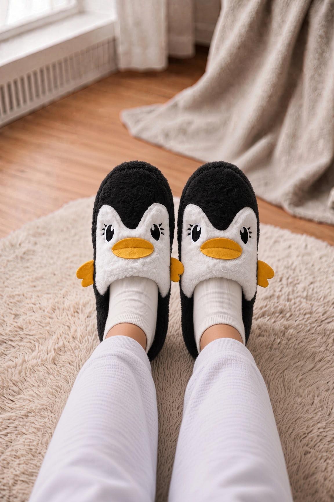 Şirin Penguen Figürlü Kışlık Kadın Panduf – Yumuşacık & Sıcak Tutan Hediye Peluş Ev Terliği