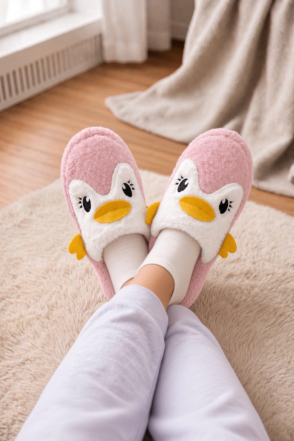 Şirin Penguen Figürlü Kışlık Kadın Panduf – Yumuşacık & Sıcak Tutan Hediye Peluş Ev Terliği
