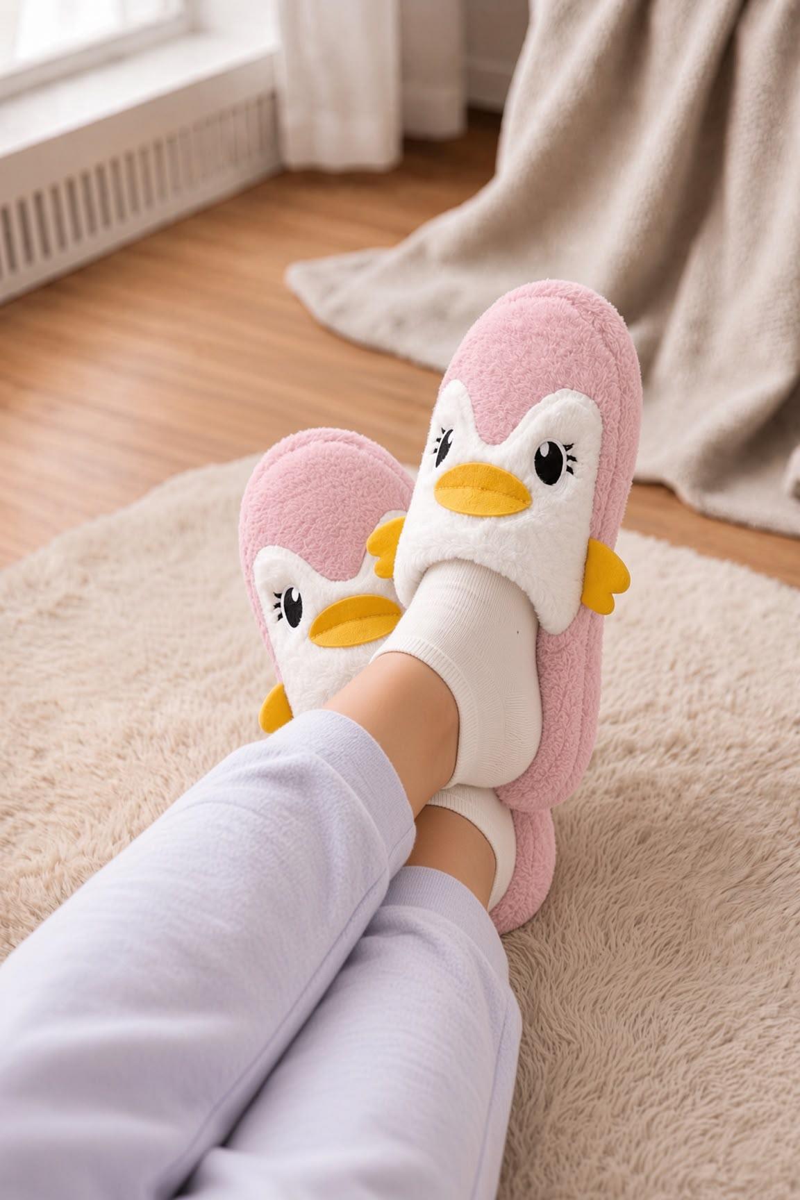 Şirin Penguen Figürlü Kışlık Kadın Panduf – Yumuşacık & Sıcak Tutan Hediye Peluş Ev Terliği