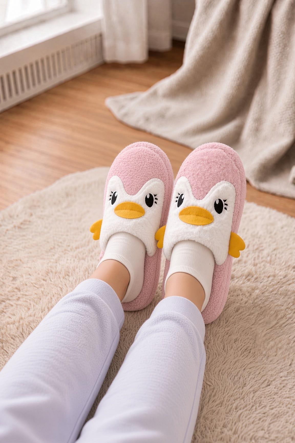 Şirin Penguen Figürlü Kışlık Kadın Panduf – Yumuşacık & Sıcak Tutan Hediye Peluş Ev Terliği